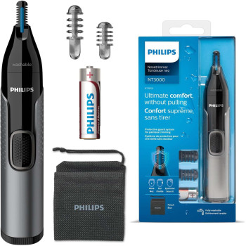 PHILIPS Nose Hair Trimmer, Series 3000 Nose, Ear and Eyebrow Trimmer Showerproof with Protective Guard System, Battery Operated, No pulling Guaranteed NT3650/16, Grey