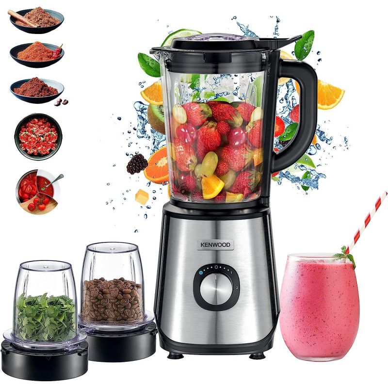 KENWOOD Glass Blender 1000W Power Blender Smoothie Blender/Smoothie Maker 1.5L with Grinder Mill, Chopper Mill, Ice Crush Function BLM45.720SS Black/Silver
