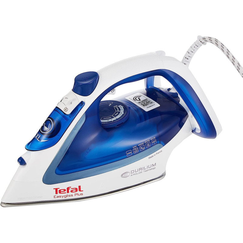 TEFAL Easygliss Durilium Airglide Soleplate Steam Iron, 2400 Watts, Blue/White, FV5715M0, 1 year warranty