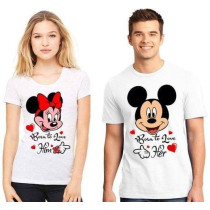 Printed Couple T-Shirts 100% Cotton Fabric (Men Xl/Women S) White Mickey Minne