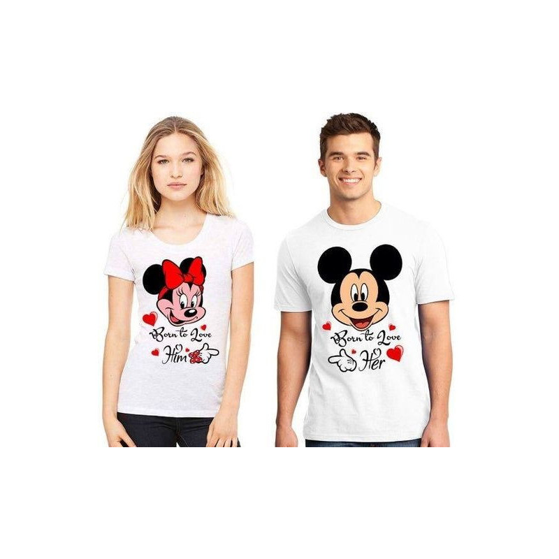 Printed Couple T-Shirts 100% Cotton Fabric (Men Xl/Women S) White Mickey Minne