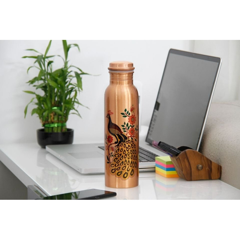 Copper Water Bottle Ayurvedic Copper Vessel- Colourful Peacock Print