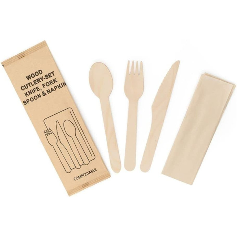 Disposable Biodegradable Wooden Cutlery Set Packed Wood Knives, Wood Spoons, Wood Forks Paper Napkin - 50 Set (50)