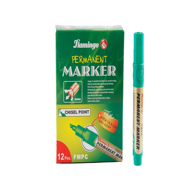 Permanent Marker Chisel Point - Green 12 Pcs Pack. Flamingo