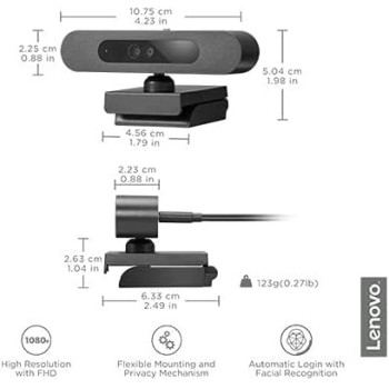 Lenovo 500 Fhd Webcam, 1080P, Teleconferencing Video Camera For Desktop Laptop Pcs, Privacy Shutter, Usb-C, Gxc0X89769, Black