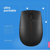 Lenovo 300 Wireless Compact Mouse, Black, 1000 Dpi, Ultra-Portable Design, Up To 12 Months Battery Life, Gx30K79402