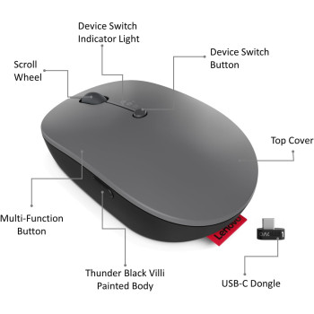 Lenovo Go Multi-Device Wireless Mouse, 2.4Ghz Nano Usb-C Receiver, Qi Wireless Charging, Ambidextrous, Gy51C21211, Grey