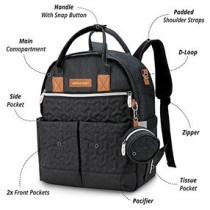 Little Story Quilted Diaper Backpack w/ Pacifier bag and Stroller Hooks-Black For All Ages, Unisex