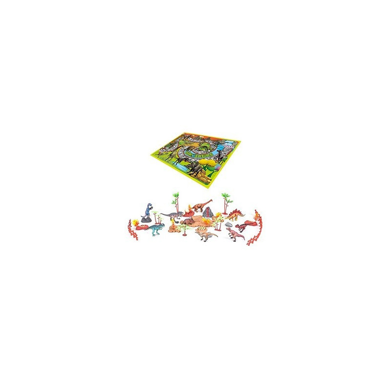 Little Story Toy 18Pcs Dino World Set With 9Pcs Dinosaur, Scene Carpet and Accessories - Multicolor