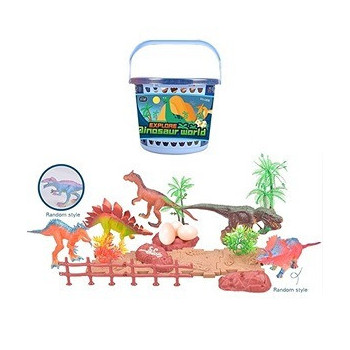 Little Story 21Pcs Dinosaur World Bucket Set With 5Pcs Dinosaur, 3Pcs Egg, and Scene Accessories and 1 Basket - Multicolor