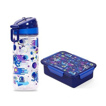 Eazy Kids Lunch Box and Tritan Water Bottle w/ Carry handle, Astronauts - Blue, 420ml