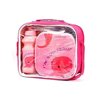 Eazy Kids Lunch Box and Water Bottle With Bag - Dino Pink