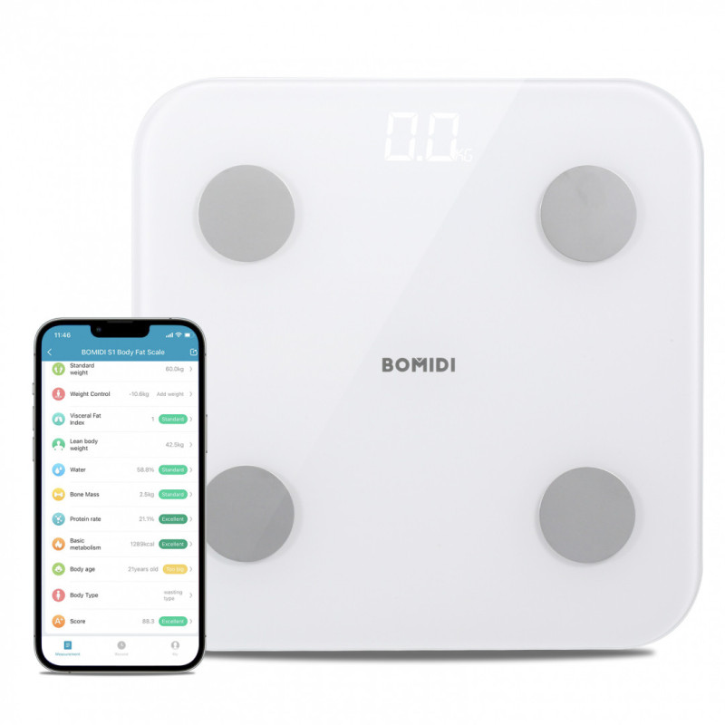 Bomidi S1 Smart Body Fat Weight Scale LED Display Bluetooth 4.0 Smart App Body Composition BIA Technology BMI - White
