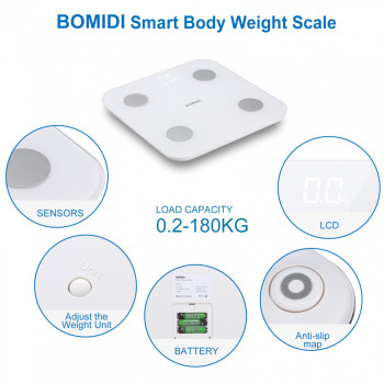 Bomidi S1 Smart Body Fat Weight Scale LED Display Bluetooth 4.0 Smart App Body Composition BIA Technology BMI - White