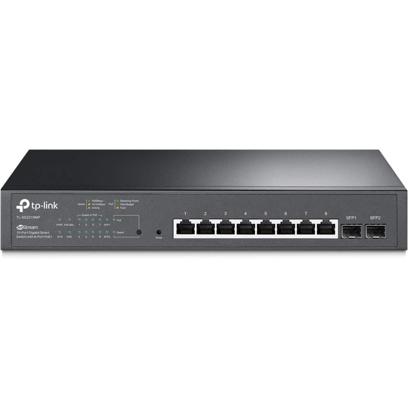 TP-Link TL-SG2210MP, Jetstream 10 Port Gigabit Smart Managed PoE switch, 8 PoE+ Ports @ 150W, 2 SFP Slots, Omada SDN Integrated, PoE Recovery, IPv6, Static Routing, Limited Lifetime Protection