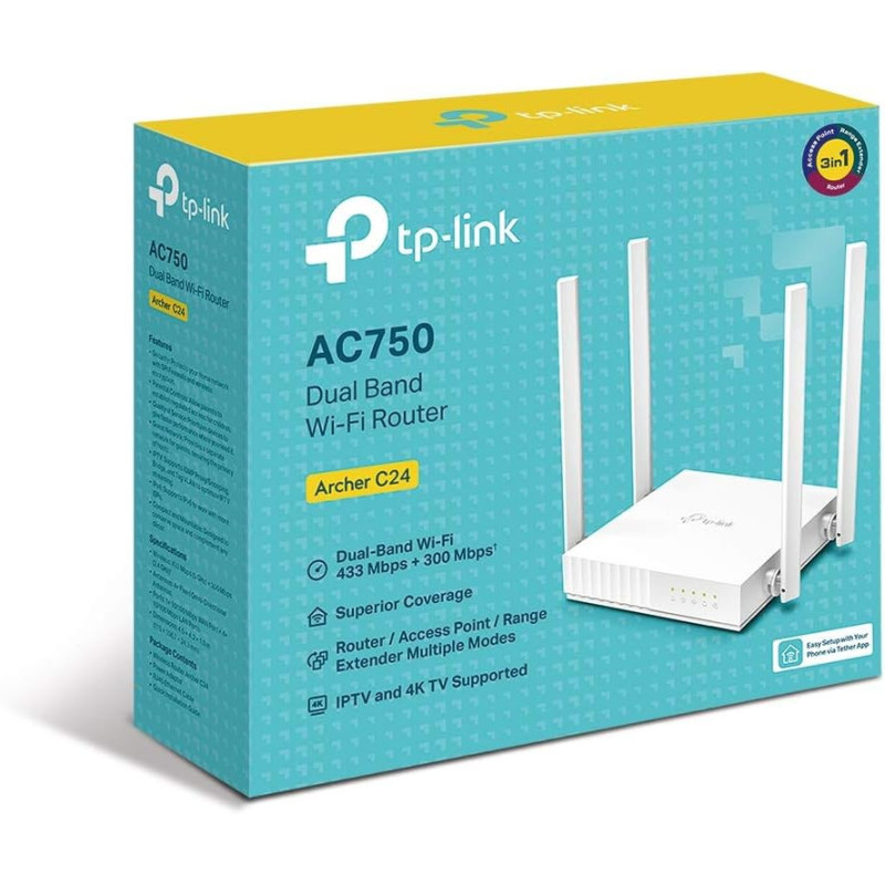 TP Link AC750 WiFi Router Archer C24 Dual Band Wireless Internet Router, 4 External Antennas Multi Mode 3 in 1 Parental Controls, White