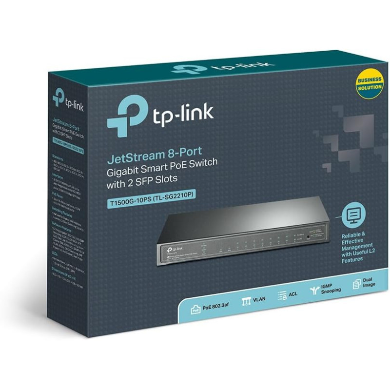 TP-LINK T1500G-10PS(TL-SG2210P) JetStream 8-Port Gigabit Smart PoE Switch with 2 SFP Slots