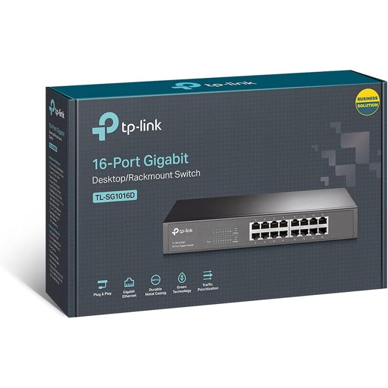 TP-Link 16-Port Gigabit Ethernet Unmanaged Switch, Plug and Play, Metal, Desktop/Rackmount, Fanless, Limited Lifetime (TL-SG1016D)