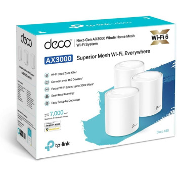 TP Link AX3000 Whole Home Mesh Wi Fi 6 System for Boosted Seamless Coverage up to 7,000 sq.ft,Ultra Low Latency for Gaming,Built In Antivirus,works with Alexa Deco X603Pack White, Deco X60(3-Pack)