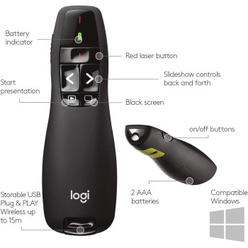 Logitech Wireless Presenter R400, Wireless Presentation Remote Clicker with Laser Pointer, Black, 1.9Quot; x 6.2Quot; x 8Quot;