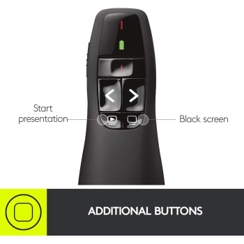 Logitech R400 Wireless Presentation Remote, 2.4 GHz, USB-Receiver, Red Laser Pointer, 15-Meter Operating Range, 6 Buttons, Intuitive Slideshow Control, Battery Indicator, PC - Black
