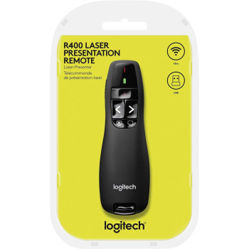 Logitech R400 Wireless Presentation Remote, 2.4 GHz, USB-Receiver, Red Laser Pointer, 15-Meter Operating Range, 6 Buttons, Intuitive Slideshow Control, Battery Indicator, PC - Black