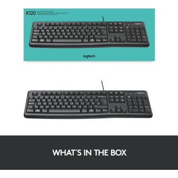 Logitech K120 Wired Keyboard for Windows, USB Plug and Play, Full Size, Spill Resistant, Curved Space bar PC / Laptop, English Layout Black