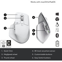 Logitech MX Master 3S - Wireless Performance Mouse with Ultra-fast Scrolling, Ergo, 8K DPI, Track on Glass, Quiet Clicks, USB-C, Bluetooth, Windows, Linux, Chrome - Pale Grey