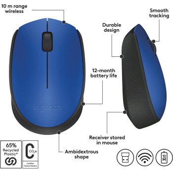 Logitech M171 Wireless Mouse for PC, Mac, Laptop, 2.4 GHz with USB Mini Receiver, Optical Tracking, 12-Months Battery Life, Ambidextrous - Blue