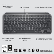 Logitech MX Keys Mini Minimalist Wireless Illuminated Keyboard, Compact, Bluetooth, Backlit, USB-C, Compatible with Apple macOS, iOS, Windows, Linux, Android, Metal Build, Arabic Keyboard - Graphite