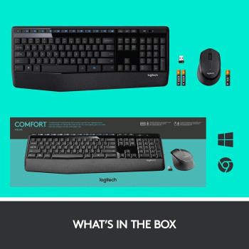 Logitech MK345 Wireless Keyboard and Mouse Combo, Full-Sized Keyboard with Palm Rest, Right-Handed Mouse, 2.4 GHz Wireless USB Receiver, Compatible with PC, laptop, Arabic Layout - Black