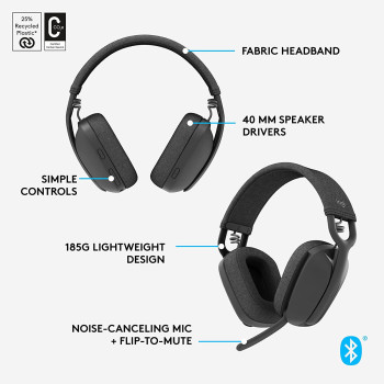 Logitech Zone Vibe 100 Lightweight Wireless Over-Ear Headphones with Noise-Cancelling Microphone, Advanced Multipoint Bluetooth Headset, Works with Teams, Google Meet, Zoom, Mac/PC - Graphite