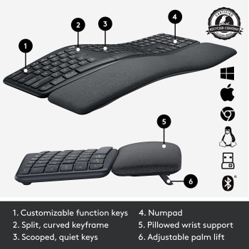 Logitech ERGO K860 Wireless Ergonomic Keyboard - Split Keyboard, Wrist Rest, Natural Typing, Stain-Resistant Fabric, Bluetooth and USB Connectivity, Compatible with Windows/Mac, Arabic Layout