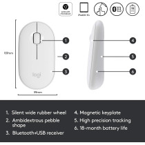 Logitech Pebble Wireless Mouse with Bluetooth or 2.4 GHz Receiver, Silent, Slim Computer Mouse with Quiet Clicks, for Laptop/Notebook/iPad/PC/Mac/Chromebook - Off White