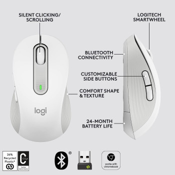 Logitech Signature M650 Wireless Mouse - For Small to Medium Sized Hands, 2-Year Battery, Silent Clicks, Customizable Side Buttons, Bluetooth, PC/Mac/Multi-Device/Chromebook White