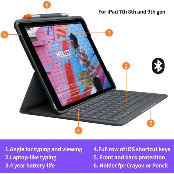 Logitech Ipad (7Th, 8Th, 9Th Generation) Keyboard Case, Slim Folio With Integrated Wireless Keyboard Graphite, Ara Keyboard
