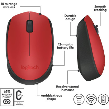 Logitech M171 Wireless Mouse for PC, Mac, Laptop, 2.4 GHz with USB Mini Receiver, Optical Tracking, 12-Months Battery Life, Ambidextrous - Red