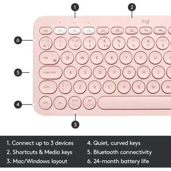 Logitech K380 Multi-Device Bluetooth Wireless Keyboard With Easy-Switch For Up To 3 Devices, Slim, 2 Year Battery Pc, Laptop, Windows, Mac, Chrome Os, Android, Ipad Os, Apple Tv - Rose - Ara, Intnl