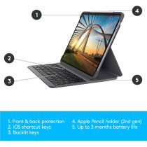 Logitech Slim Folio Pro Backlit Bluetooth Keyboard Case for iPad Pro 11-inch (1st, 2nd, 3rd, 4th gen - 2018, 2020, 2021, 2022) - Graphite; Arabic Layout