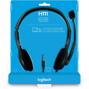 Logitech H111 Wired Headset Stereo Headphones with Noise Cancelling Microphone 3.5 mm Audio Jack - Black