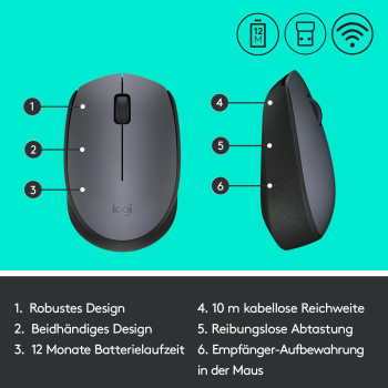 Logitech M170 Wireless Mouse, 2.4 GHz with USB Nano Receiver, Optical Tracking, 12-Months Battery Life, Ambidextrous, PC/Mac/Laptop - Grey, 910-004642