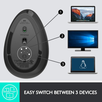 Logitech MX Vertical Wireless Mouse Advanced Ergonomic Design Reduces Muscle Strain, Control and Move Content Between 3 Windows and Apple Computers (Bluetooth or USB), Rechargeable, Graphite