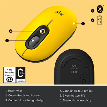 Logitech Pop Mouse, Wireless Mouse With Customizable Emojis, Silenttouch Technology, Precision/Speed Scroll, Compact Design, Bluetooth, Multi Device, Os Compatible Blast, Blast Yellow, 910-006546