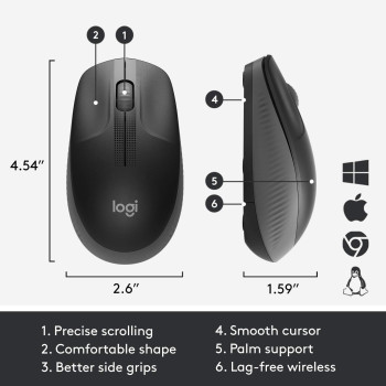 Logitech Wireless Mouse M190, Full Size Ambidextrous Curve Design,18-Month Battery with Power Saving Mode,USB Receiver,Precise Cursor Control and Scrolling,Wide Scroll Wheel,Scooped Buttons -Charcoal