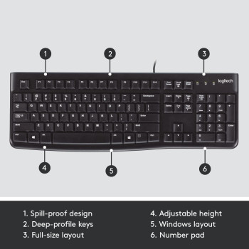 Logitech K120 Wired Business Keyboard For Windows Or Linux, Usb Plug And Play, Full Size, Spill Resistant, Curved Space Bar, Pc / Laptop, Us International Layout Black, 920-002508