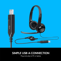 Logitech H390 Wired Headset, Stereo Headphones with Noise Cancelling Microphone, USB, In Line Controls, PC/Mac/Laptop Black, Silver, 981-000014, ClearChat, 1 Pack