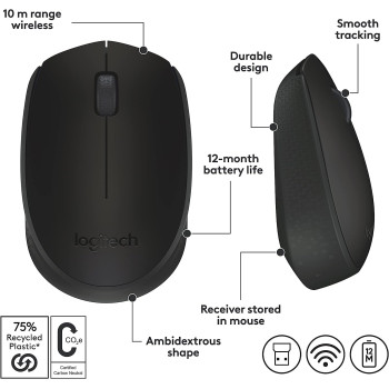 Logitech M170 Wireless Mouse, 2.4 GHz with USB Mini Receiver, Optical Tracking, 12-Months Battery Life, Ambidextrous PC/Mac/Laptop - Black