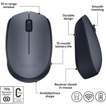 Logitech M170 Wireless Mouse, 2.4 GHz with USB Mini Receiver, Optical Tracking, 12-Months Battery Life, Ambidextrous PC/Mac/Laptop - Grey/Black