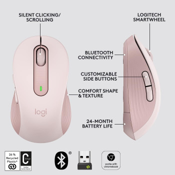 Logitech Signature M650 Wireless Mouse - For Small to Medium Sized Hands, 2-Year Battery, Silent Clicks, Customizable Side Buttons, Bluetooth, for PC/Mac/Multi-Device/Chromebook - Rose
