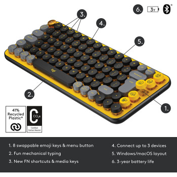 Logitech Pop Keys Mechanical Wireless Keyboard With Customizable Emoji Keys, Durable Compact Design, Bluetooth Or Usb Connectivity, Multi-Device, Os Compatible - Blast, Blast Yellow, 920-010735